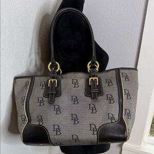 Vintage Dooney & Bourke Taylor Shopper DB Monogram Canvas Tote Gold Leather Trim